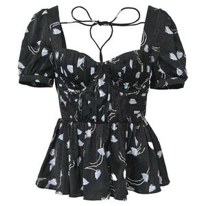 Self Portrait Gathered Puff Sleeve Geometric Print Silky Top Size 2